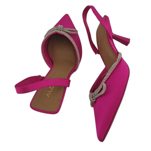 New- Aldo Pink Satin Effect Crystal Rhinestone Bow Slingback LacqueredHeels - Picture 11 of 12